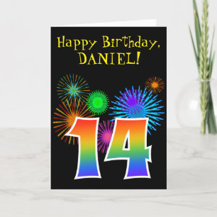 Fun Fireworks + Rainbow Pattern "14" Birthday # Kaart