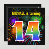 Fun Fireworks + Rainbow Pattern "14" Birthday # Kaart (Voorkant / Achterkant)