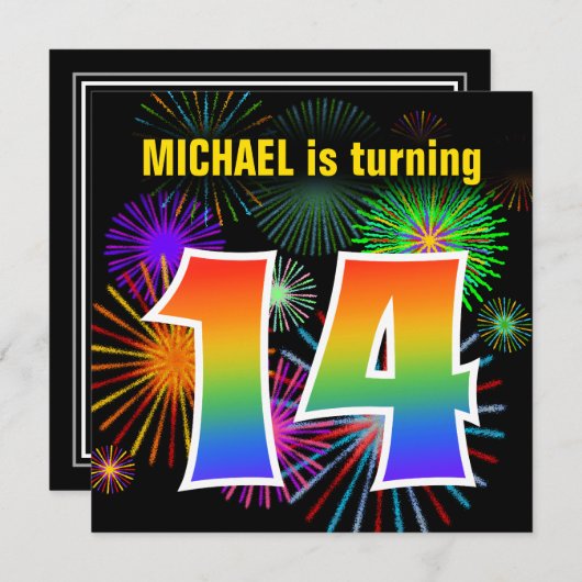 Fun Fireworks + Rainbow Pattern "14" Birthday # Kaart (Voorkant / Achterkant)