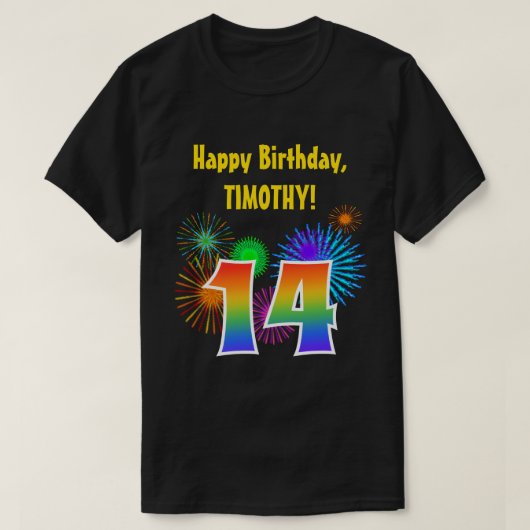 Fun Fireworks + Rainbow Pattern "14" Birthday # T-shirt (Design voorkant)