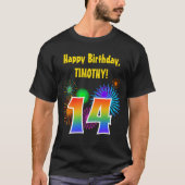 Fun Fireworks + Rainbow Pattern "14" Birthday # T-shirt (Voorkant)