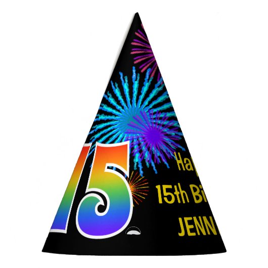 Fun Fireworks + Rainbow Pattern "15" Birthday # Feesthoedjes (Links)