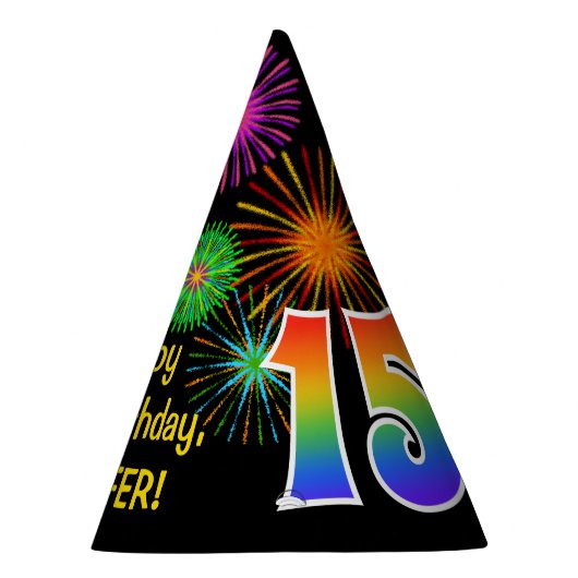 Fun Fireworks + Rainbow Pattern "15" Birthday # Feesthoedjes (Rechts)