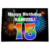 Fun Fireworks + Rainbow Pattern "15" Birthday # Groot Cadeauzakje (Voorkant)