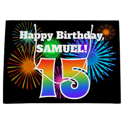 Fun Fireworks + Rainbow Pattern "15" Birthday # Groot Cadeauzakje (Voorkant)