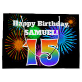 Fun Fireworks + Rainbow Pattern "15" Birthday # Groot Cadeauzakje (Achterkant)