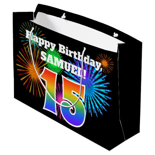 Fun Fireworks + Rainbow Pattern "15" Birthday # Groot Cadeauzakje (Achterkant Gekanteld)