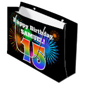 Fun Fireworks + Rainbow Pattern "15" Birthday # Groot Cadeauzakje (Voorkant Gekanteld)