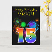 Fun Fireworks + Rainbow Pattern "15" Birthday # Kaart (Gele Bloem)