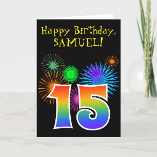 Fun Fireworks + Rainbow Pattern "15" Birthday # Kaart