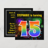 Fun Fireworks + Rainbow Pattern "15" Birthday # Kaart (Voorkant / Achterkant)