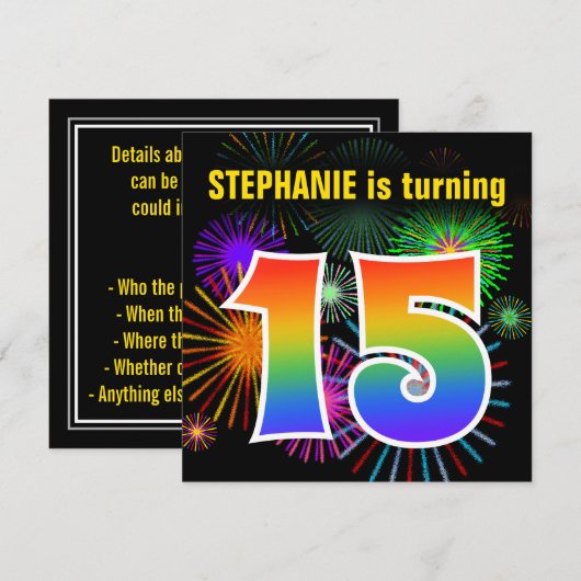 Fun Fireworks + Rainbow Pattern "15" Birthday # Kaart (Voorkant / Achterkant)