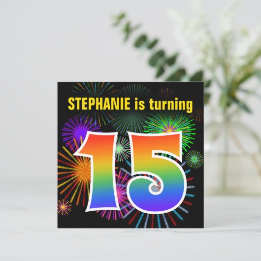 Fun Fireworks + Rainbow Pattern "15" Birthday # Kaart (Staand voorkant)