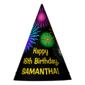Fun Fireworks + Rainbow Pattern "16" Birthday # Feesthoedjes (Voorkant)