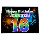 Fun Fireworks + Rainbow Pattern "16" Birthday # Groot Cadeauzakje (Voorkant)
