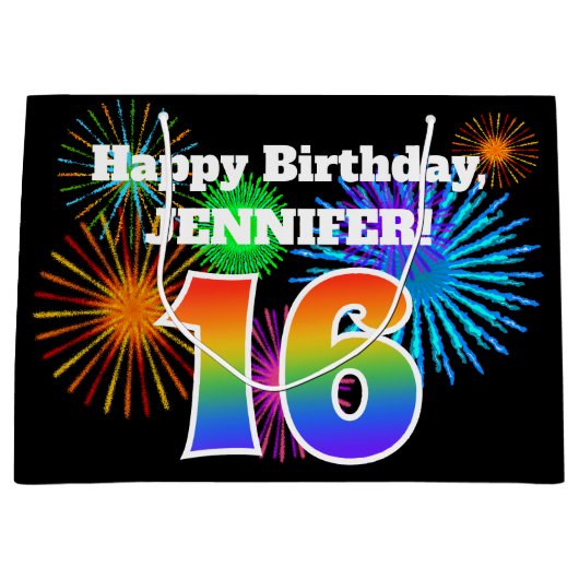 Fun Fireworks + Rainbow Pattern "16" Birthday # Groot Cadeauzakje (Voorkant)