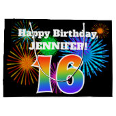 Fun Fireworks + Rainbow Pattern "16" Birthday # Groot Cadeauzakje (Achterkant)