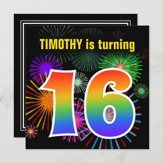 Fun Fireworks + Rainbow Pattern "16" Birthday # Kaart (Voorkant / Achterkant)