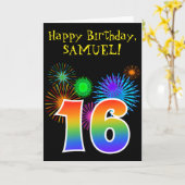 Fun Fireworks + Rainbow Pattern "16" Birthday # Kaart (Gele Bloem)