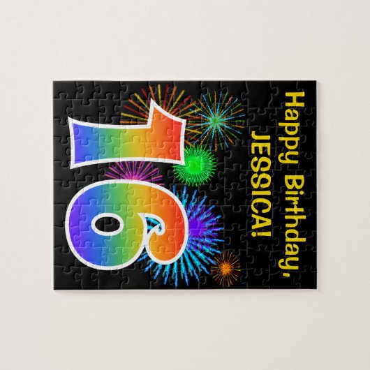 Fun Fireworks + Rainbow Pattern "16" Birthday # Legpuzzel (Horizontaal)