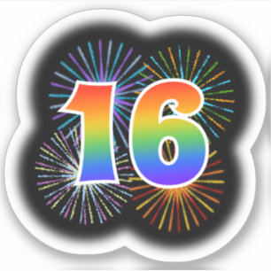 Fun Fireworks + Rainbow Pattern "16" Event # Sticker
