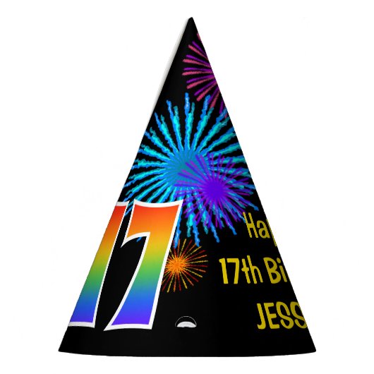 Fun Fireworks + Rainbow Pattern "17" Birthday # Feesthoedjes (Links)