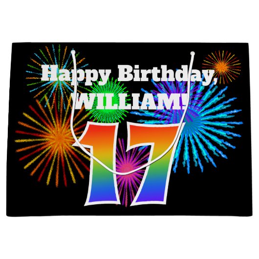 Fun Fireworks + Rainbow Pattern "17" Birthday # Groot Cadeauzakje (Voorkant)