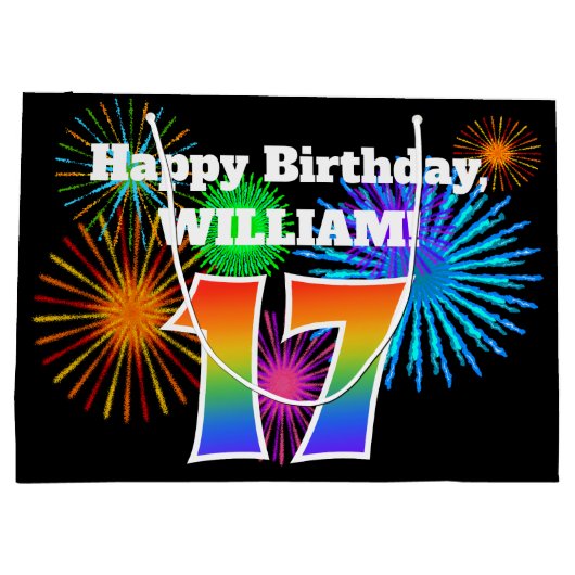 Fun Fireworks + Rainbow Pattern "17" Birthday # Groot Cadeauzakje (Achterkant)