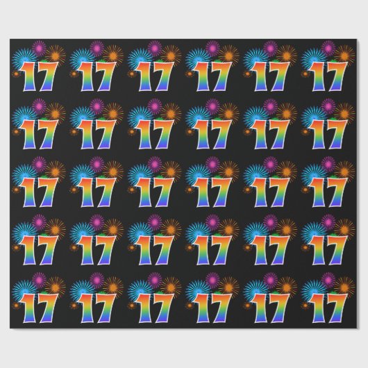 Fun Fireworks + Rainbow Pattern "17" Event Number Cadeaupapier (Vlak)