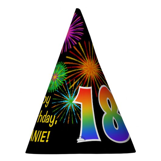 Fun Fireworks + Rainbow Pattern "18" Birthday # Feesthoedjes (Rechts)