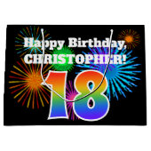 Fun Fireworks + Rainbow Pattern "18" Birthday # Groot Cadeauzakje (Voorkant)