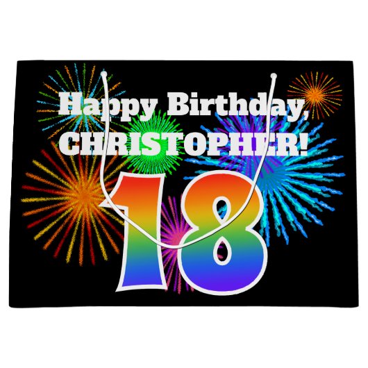 Fun Fireworks + Rainbow Pattern "18" Birthday # Groot Cadeauzakje (Voorkant)