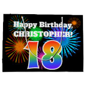 Fun Fireworks + Rainbow Pattern "18" Birthday # Groot Cadeauzakje (Achterkant)