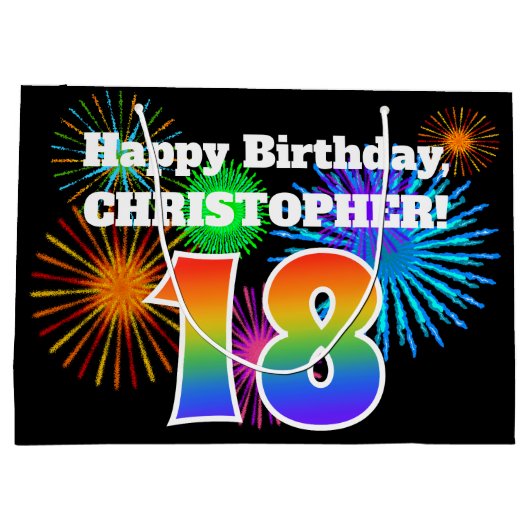 Fun Fireworks + Rainbow Pattern "18" Birthday # Groot Cadeauzakje (Achterkant)