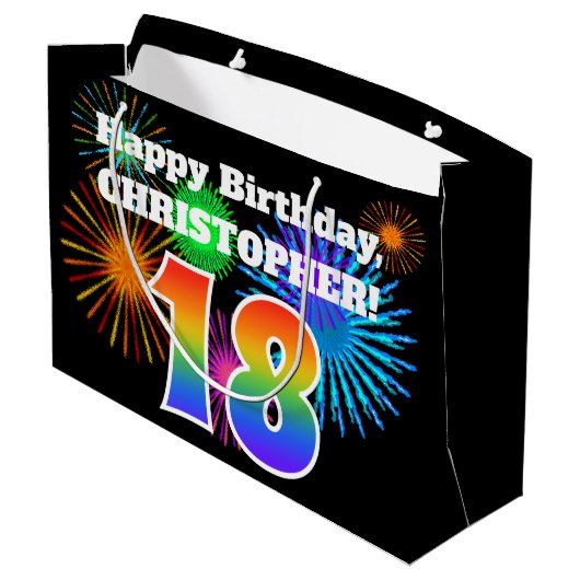 Fun Fireworks + Rainbow Pattern "18" Birthday # Groot Cadeauzakje (Achterkant Gekanteld)