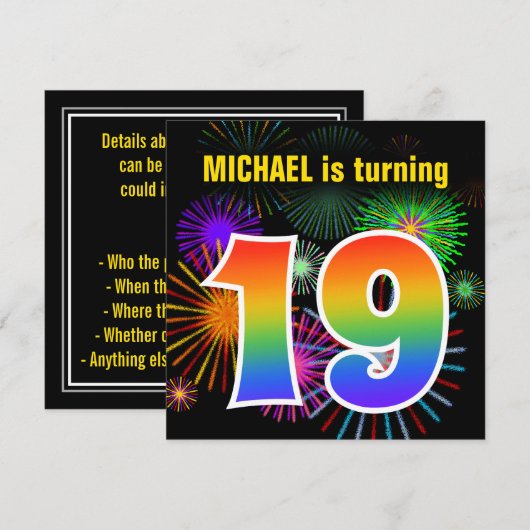 Fun Fireworks + Rainbow Pattern "19" Birthday # Kaart (Voorkant / Achterkant)