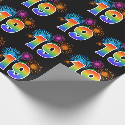 Fun Fireworks + Rainbow Pattern "19" Event Number Cadeaupapier (Hoek)