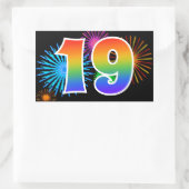 Fun Fireworks + Rainbow Pattern "19" Event Number Rechthoekige Sticker (Tas)