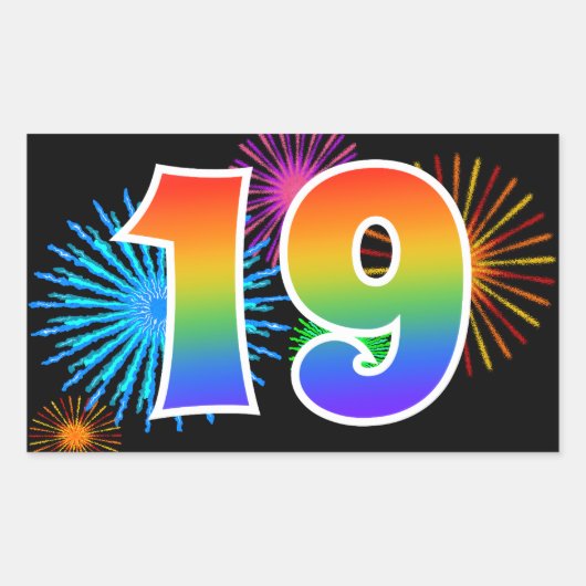 Fun Fireworks + Rainbow Pattern "19" Event Number Rechthoekige Sticker (Voorkant)