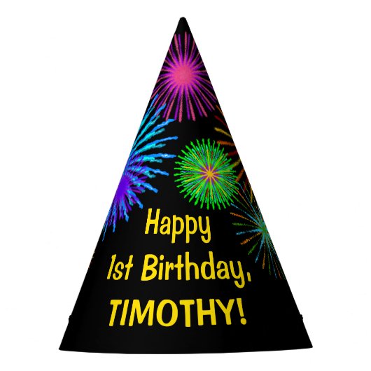 Fun Fireworks + Rainbow Pattern "1" Birthday # Feesthoedjes (Voorkant)