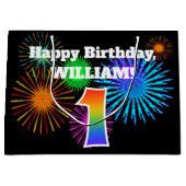 Fun Fireworks + Rainbow Pattern "1" Birthday # Groot Cadeauzakje (Voorkant)