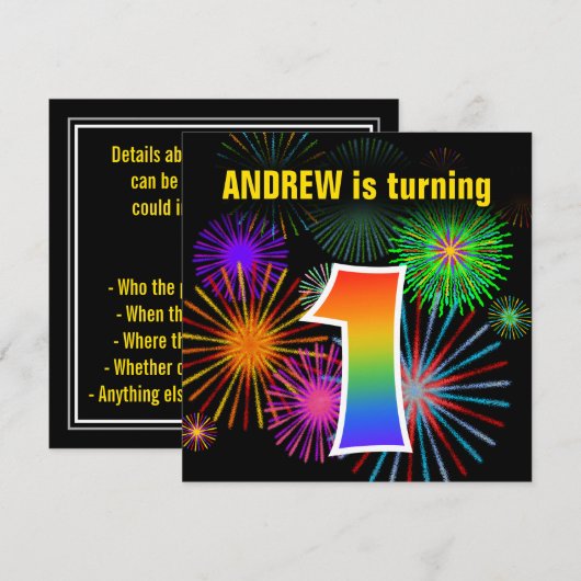 Fun Fireworks + Rainbow Pattern "1" Birthday # Kaart (Voorkant / Achterkant)