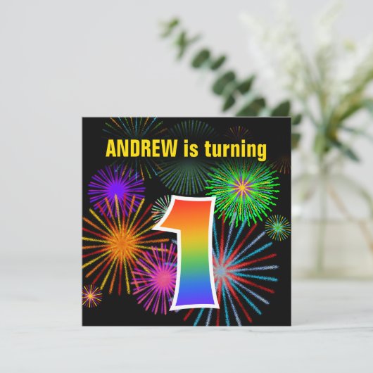 Fun Fireworks + Rainbow Pattern "1" Birthday # Kaart (Staand voorkant)