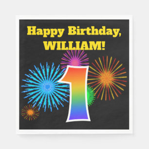 Fun Fireworks + Rainbow Pattern "1" Birthday # Servet