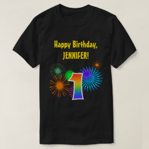 Fun Fireworks + Rainbow Pattern "1" Birthday # T-shirt