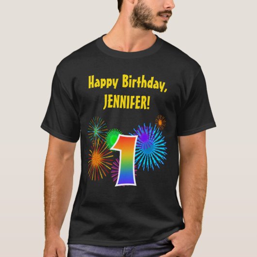 Fun Fireworks + Rainbow Pattern "1" Birthday # T-shirt (Voorkant)