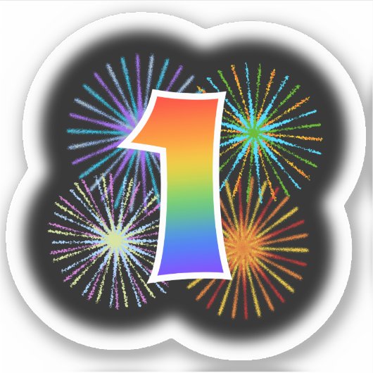 Fun Fireworks + Rainbow Pattern "1" Event # Sticker (Voorkant)