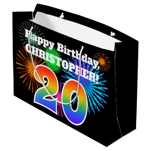 Fun Fireworks + Rainbow Pattern "20" Birthday # Groot Cadeauzakje (Achterkant Gekanteld)