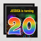 Fun Fireworks + Rainbow Pattern "20" Birthday # Kaart (Voorkant / Achterkant)
