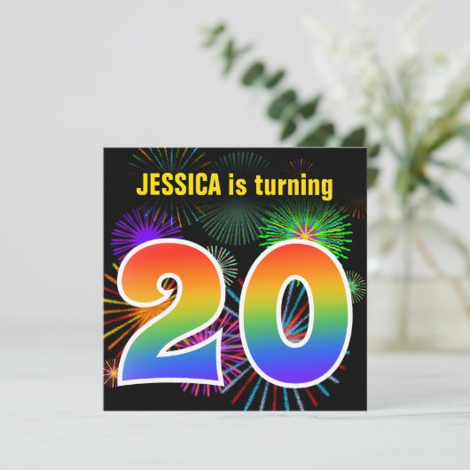 Fun Fireworks + Rainbow Pattern "20" Birthday # Kaart (Staand voorkant)
